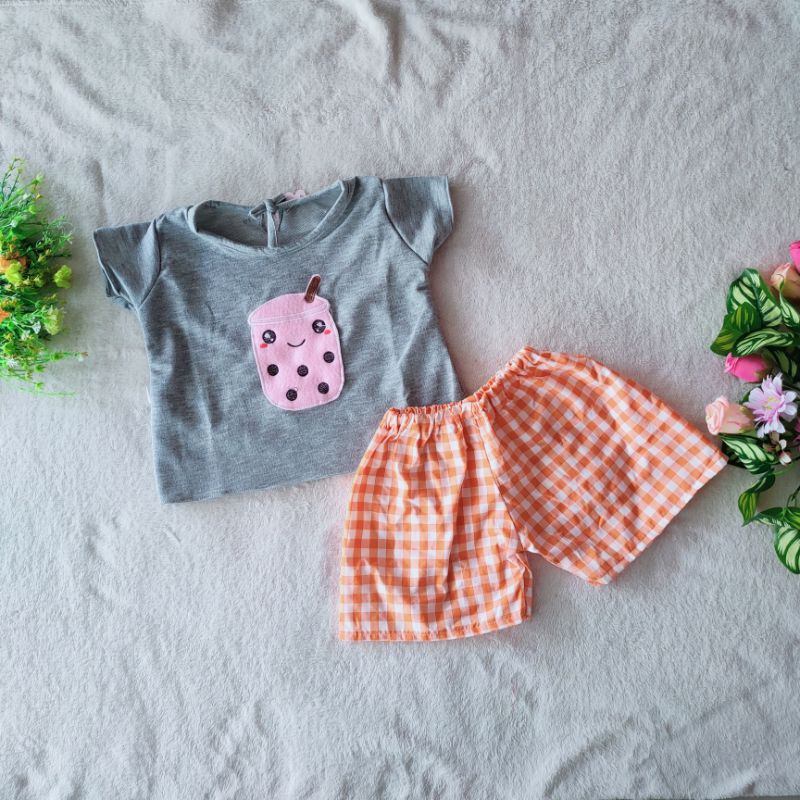 Setelan anak 1 2 3 tahun cewek perempuan baju Boba kotak