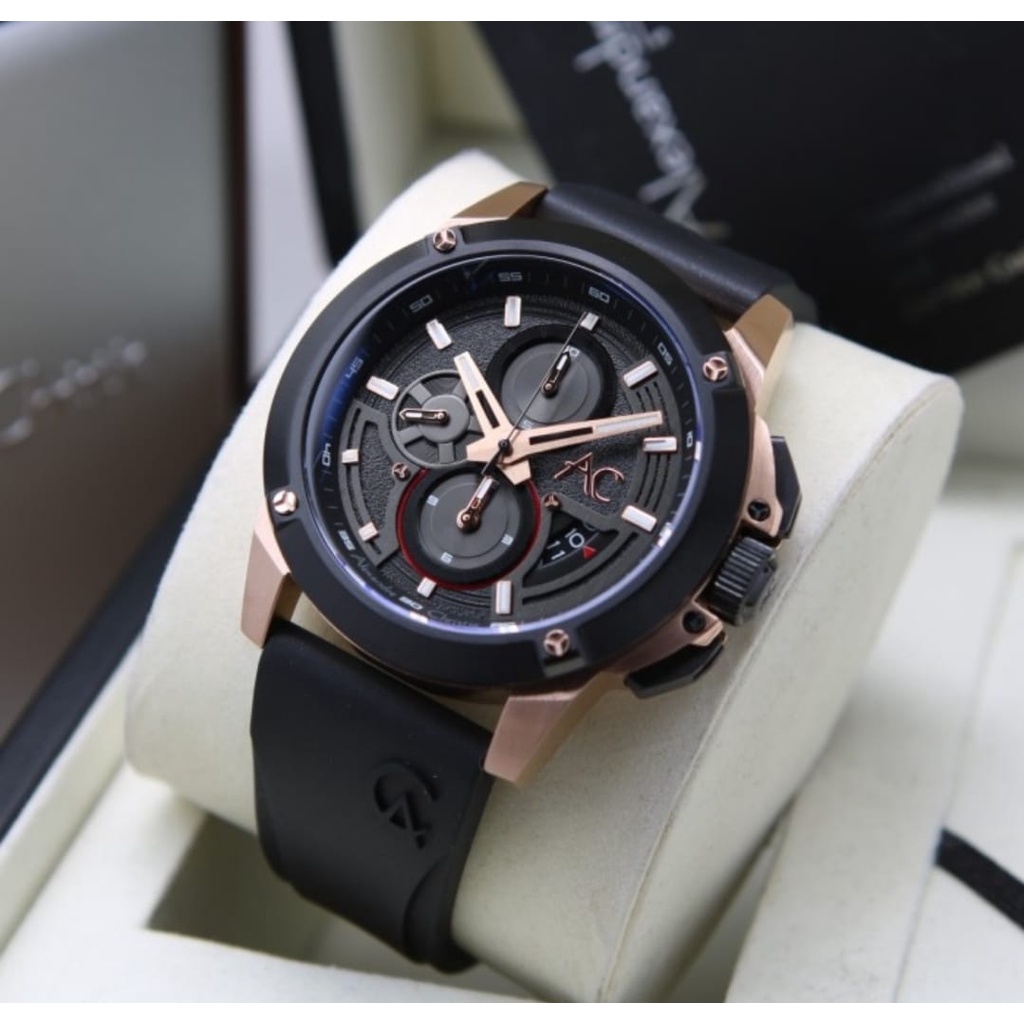 ALEXANDRE CHRISTIE ORIGINAL AC9602 BLACK ROSEGOLD RUBBER PRIA GARANSI RESMI 1 TAHUN