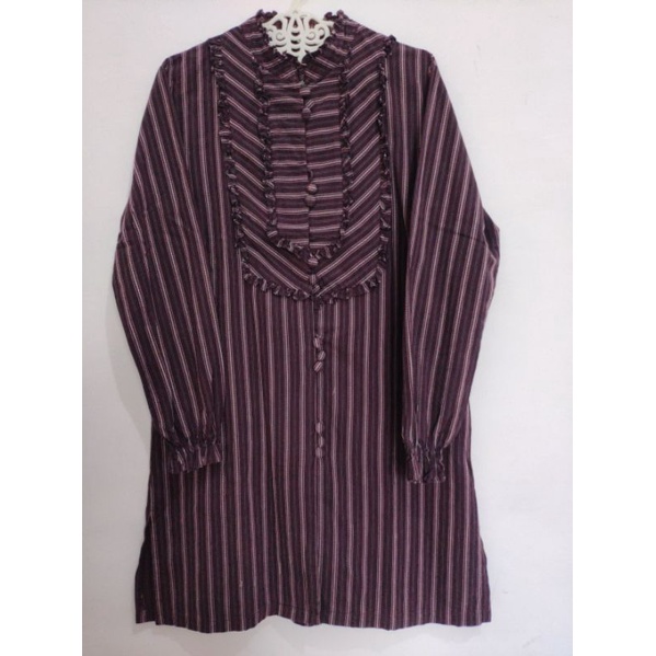 Atasan Tunik Ruffle Garis Ungu Stripe Formal Cewek Wanita