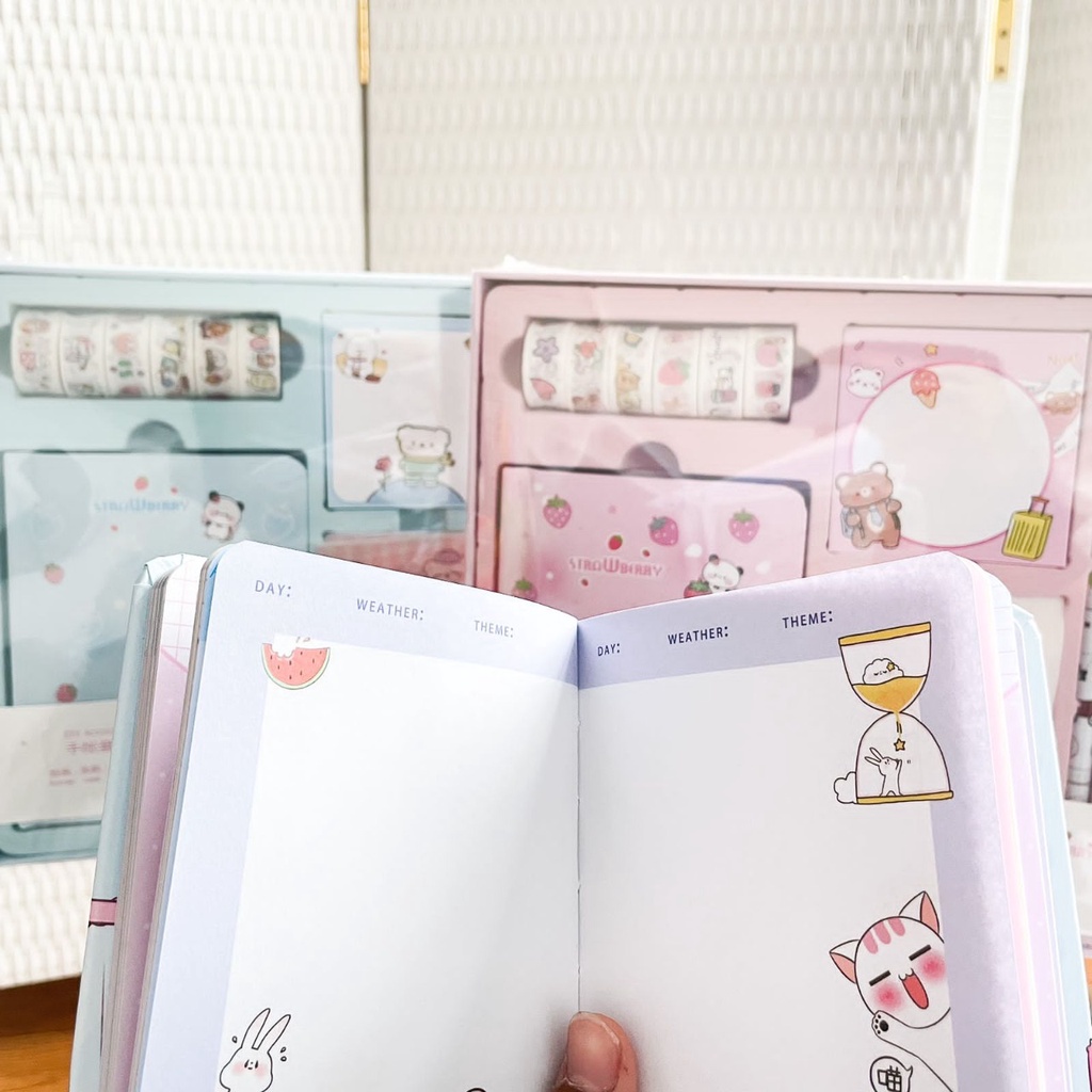 PAKET JURNAL ALAT TULIS 7 IN 1 MODEL BUNNY KELINCI IMUT READY 2 WARNA PAKET BOX STATIONARY LENGKAP ISI BUKU TULIS SOLATIP PEN STICKY NOTES DAN STIKER HARGA TERMURAH