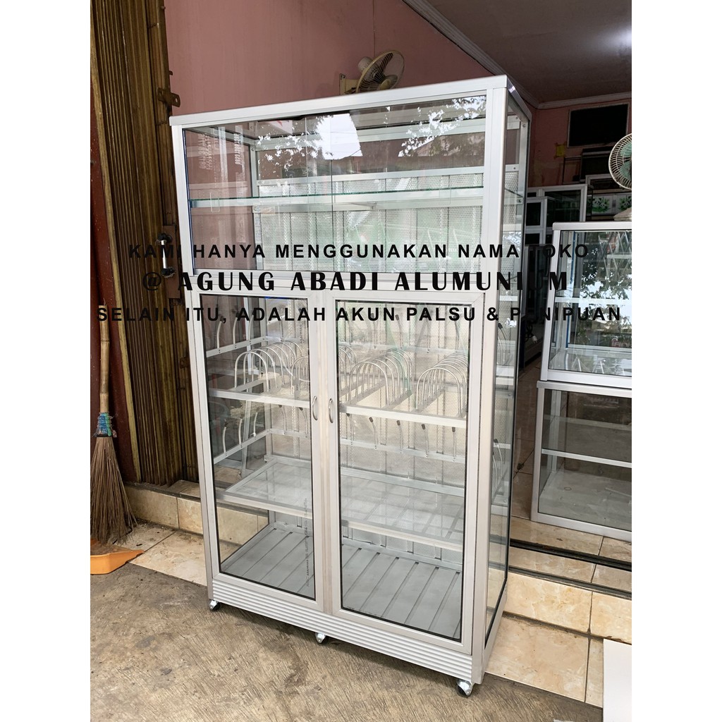 Lemari / Rak Piring Alumunium Model Fullbox Silver 100cm Kaca Polos