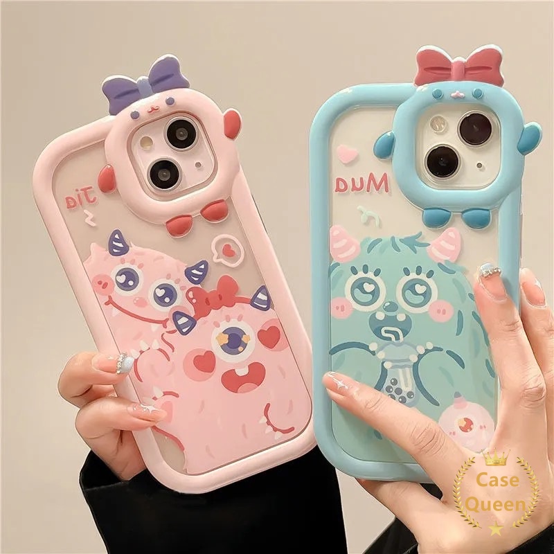 Case OPPO A7 A17 A17 A5S A12 A16 A57 A55 A9 A15s A54 A15 A5 A16s A3S A12E A53 A74 A17K A95 A16K A16E A52 A92 A96 A76 Reno 5F 4F A31 Kartun Monster Bow-knot Monster Kecil Tutup Lensa