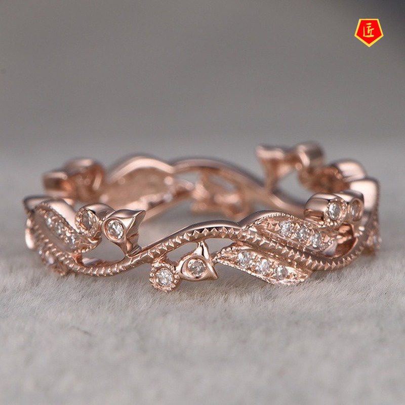 [Ready Stock]Lucky Flower Vine Leaves Diamond-Studded Ring Stylish and Elegant
