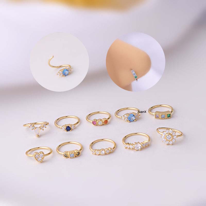 1pc Anting Tindik Hidung Tanpa Kunci Bentuk Hoop 8mm 20gauge Bahan Tembaga Hias Zircon