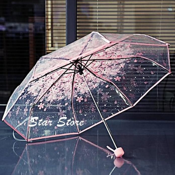Payung Lipat Transparan Sakura Bening Fashion Korea