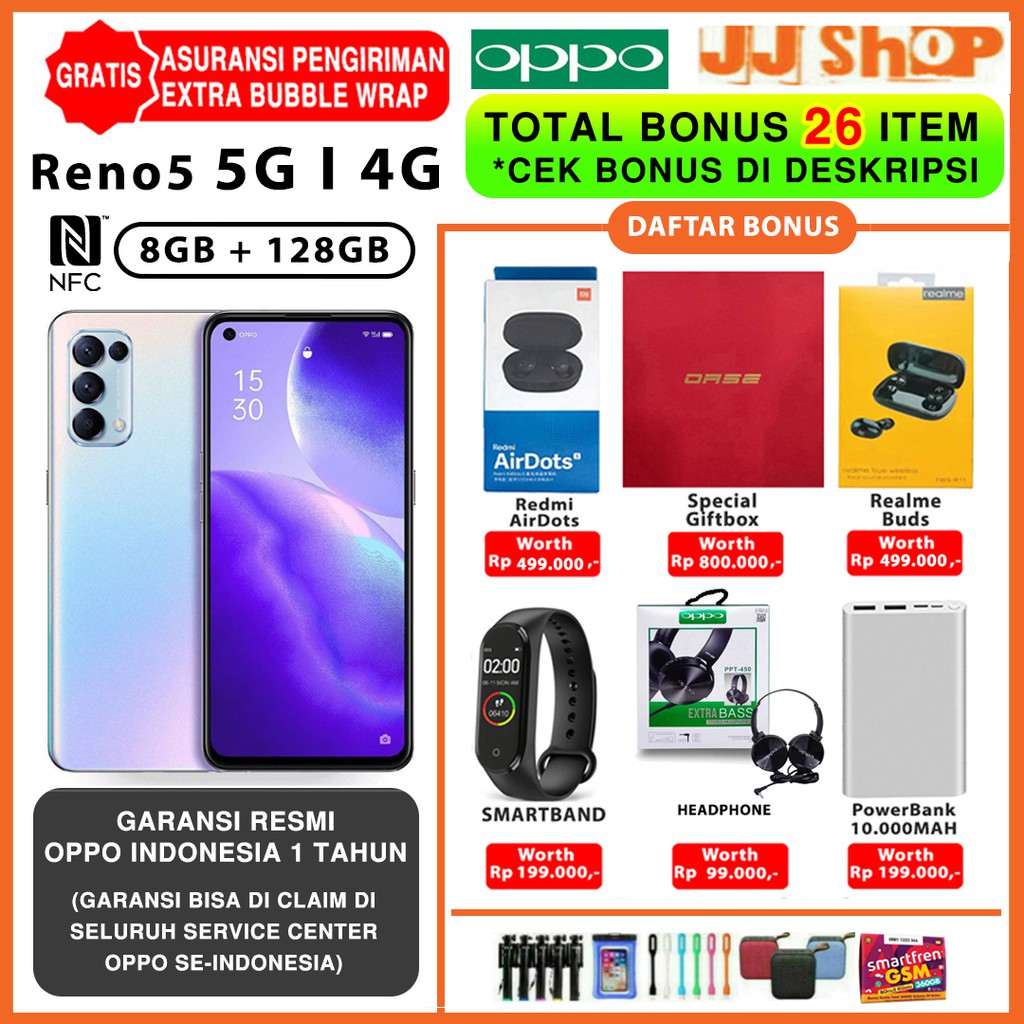 OPPO RENO 5 5G &amp; RENO5 4G NFC 8/128 GB RAM 8GB ROM 128GB GARANSI RESMI