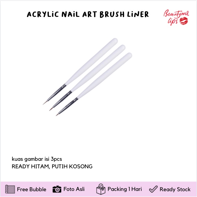 Sliprain 3 Pcs Acrylic Nail Art Brush Liner Pen Manicure Set Kit kuas gambar isi 3pcs PUTIH