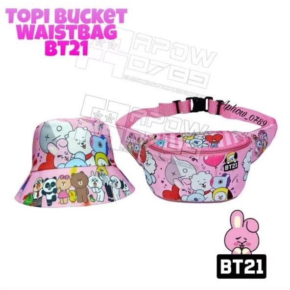 Tas WAISTBAG Anak PREMIUM BT21 PINK + TOPI BUCKET HATS PINK 2 in 1 Sepaket Bagus Murah Berkualitas / BTS / ARMY / K-POP / BT21
