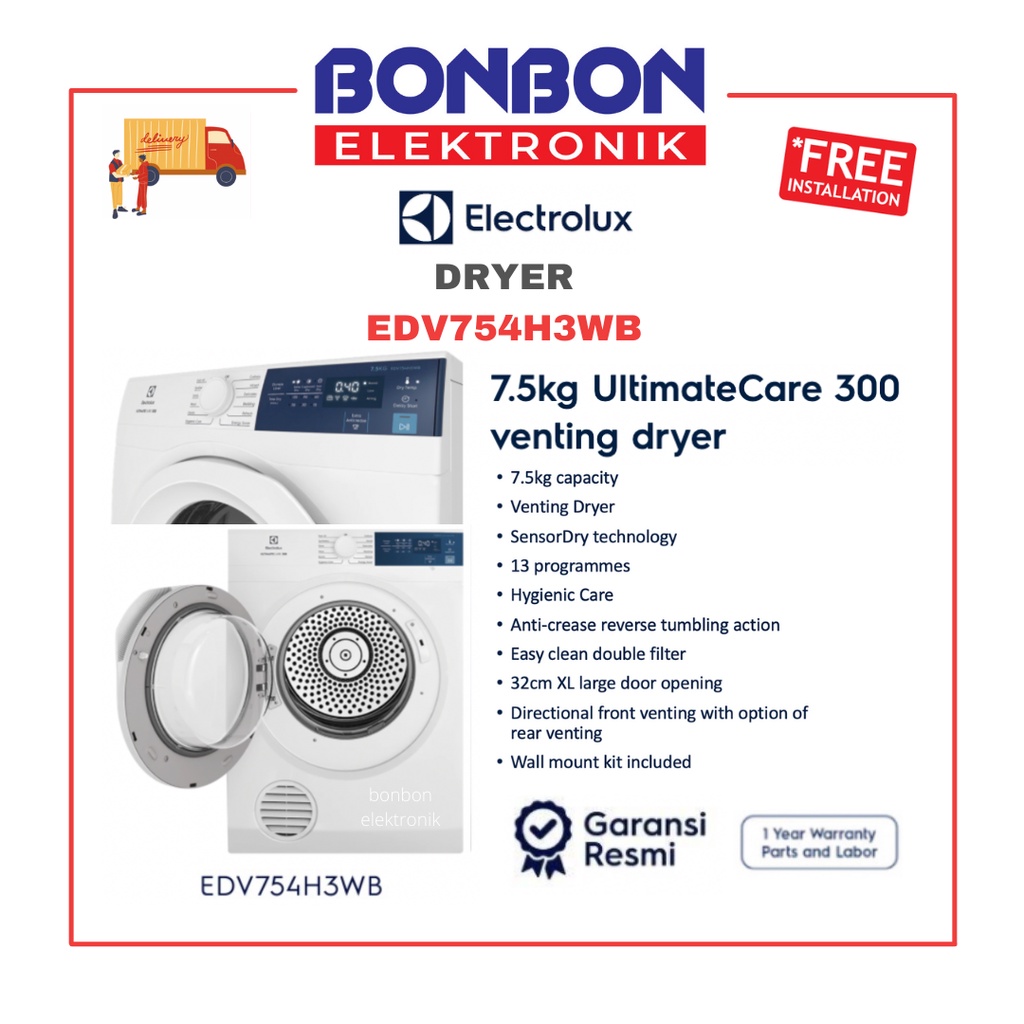 Electrolux Dryer 7.5KG EDV754H3WB / Pengering Pakaian 7.5 KG EDV 754H3WB UltimateCare