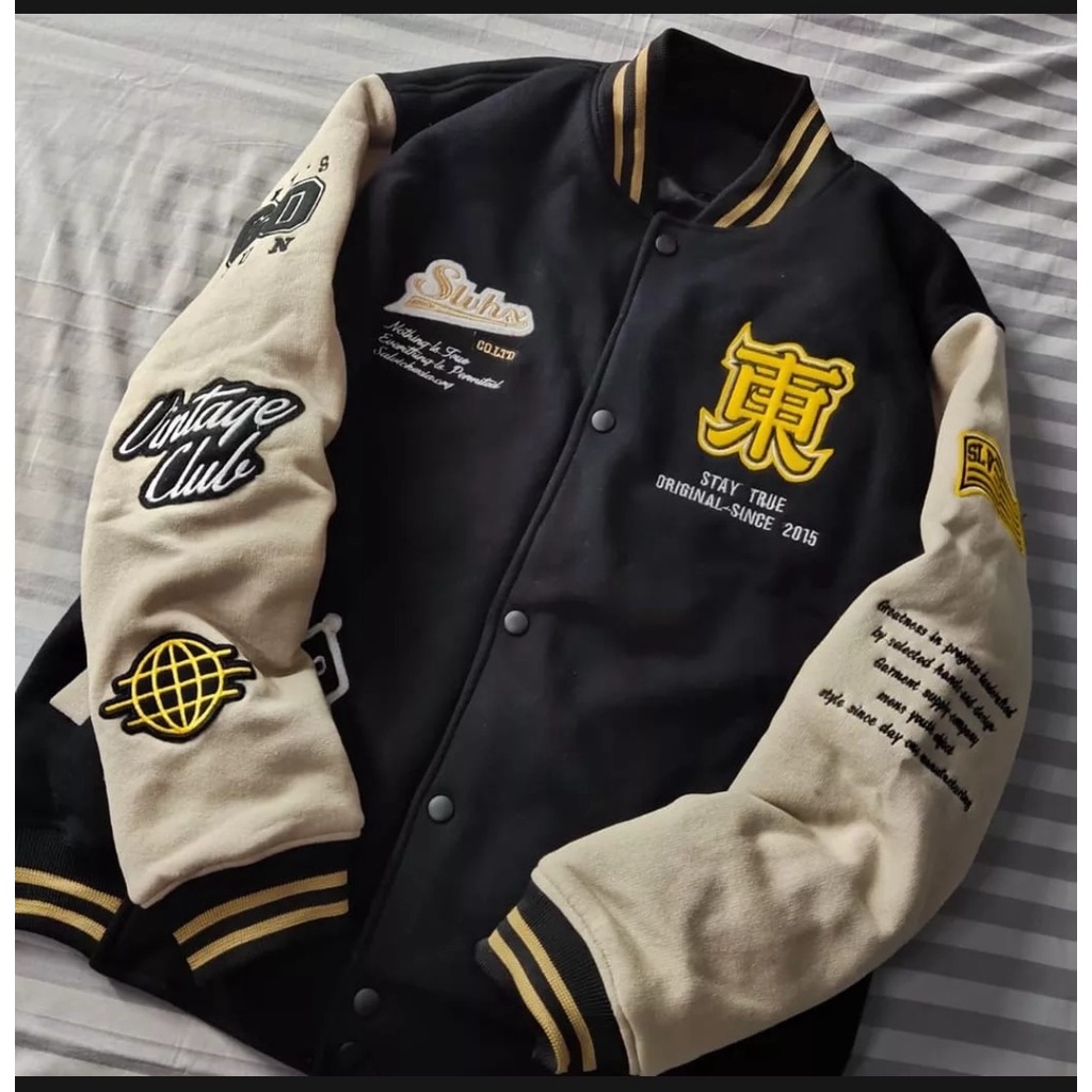 Jaket Varsity Baseball Full Bordir Pria Wanita Dewasa dan Anak-anak-HITAM