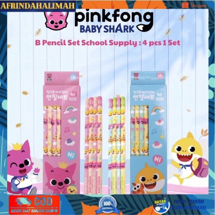 

[TERBARU] Pinkfong Baby Shark B Pencil Set School Supply : 4 pcs 1 set - Biru Muda