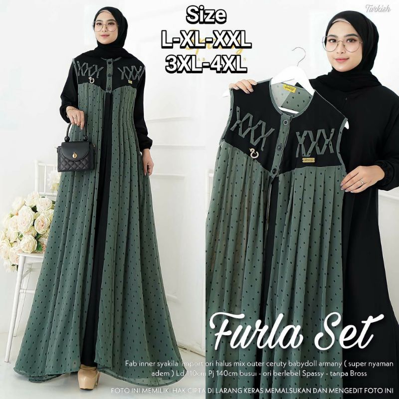 Gamis jumbo 2 in 1 set outeher Furla ukuran L XL XXL 3XL 4XL ld 100 110 120 130 140 gamis set outer kekinian Gamis aouter super jumbo L XL XXL 3L 4L LD up to 140 terbaru busui friendy kekinian sahila