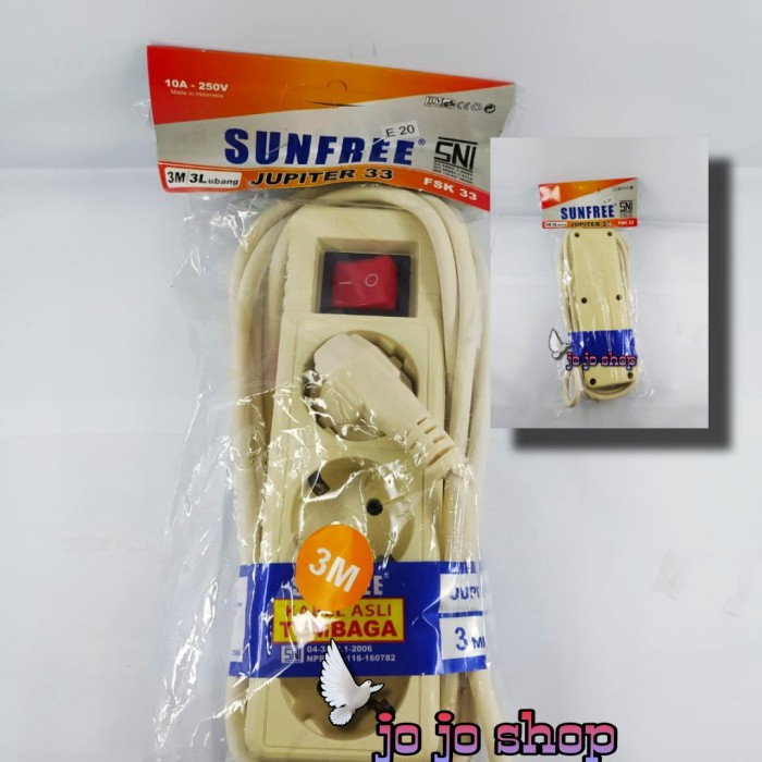 

Stop Kontak Arde 3 Lubang + Kabel 3 meter dan Saklar Sunfree Jupiter