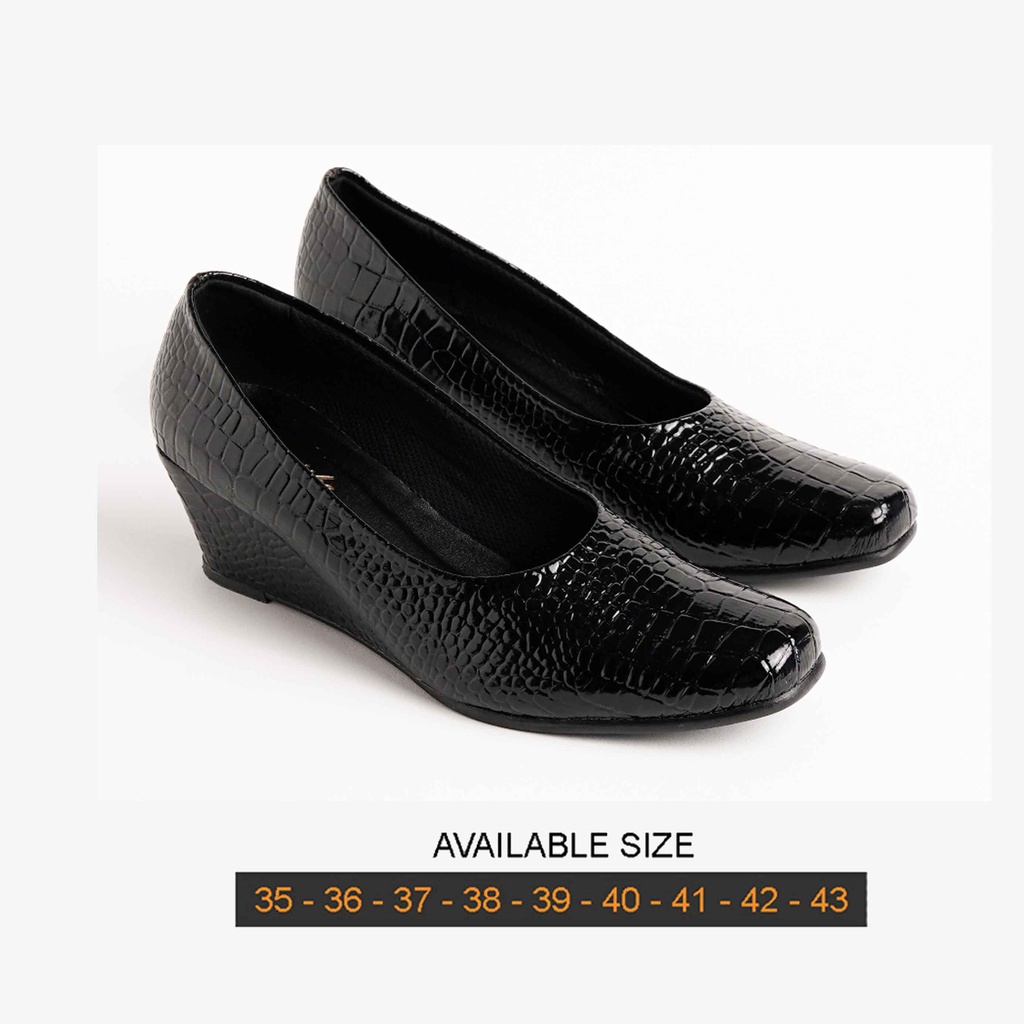 Sepatu wedges wanita pantofel jumbo big size 35-45 sepatu formal cewe ukuran besar kulit hitam croco