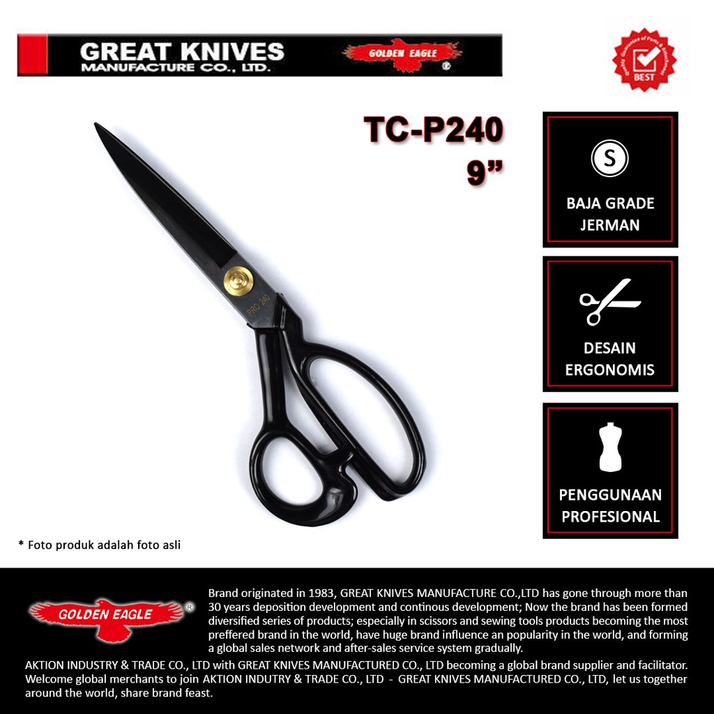 Gunting Potong Bahan Kain Golden Eagle 9 inch TC-P240 - Tailor Scissors