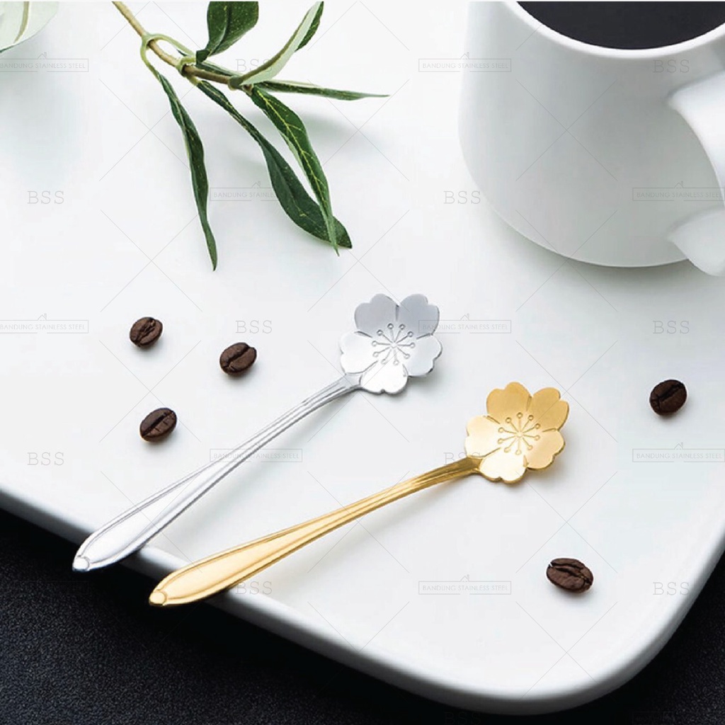 Sendok Minum Teh Kopi Dessert Mewah Stainless Steel Kocokan Motif Bunga Daun Warna Emas Silver Lucu