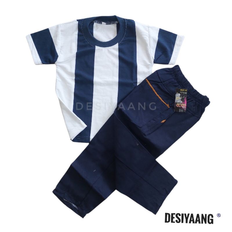 Setelan Anak LAKI LAKI Kaos Salur Celana Chinos SIZE S 3-4tahun Oblong Stripe