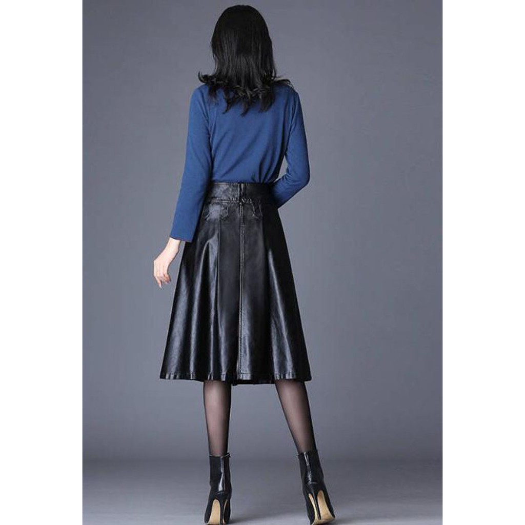 Rok Kulit Leather Plus Size Skirt Autumn and Winter New Korean Pleated High Waist Black Women Skirts