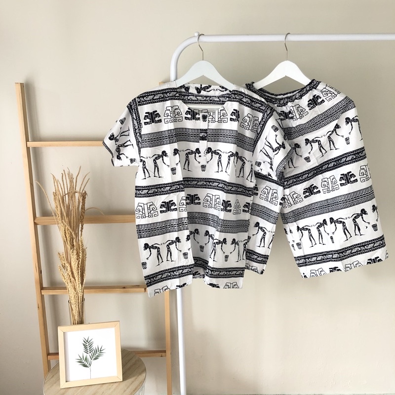 Setelan Dewasa Baju Tidur Set Piyama Pendek Motif Etnik