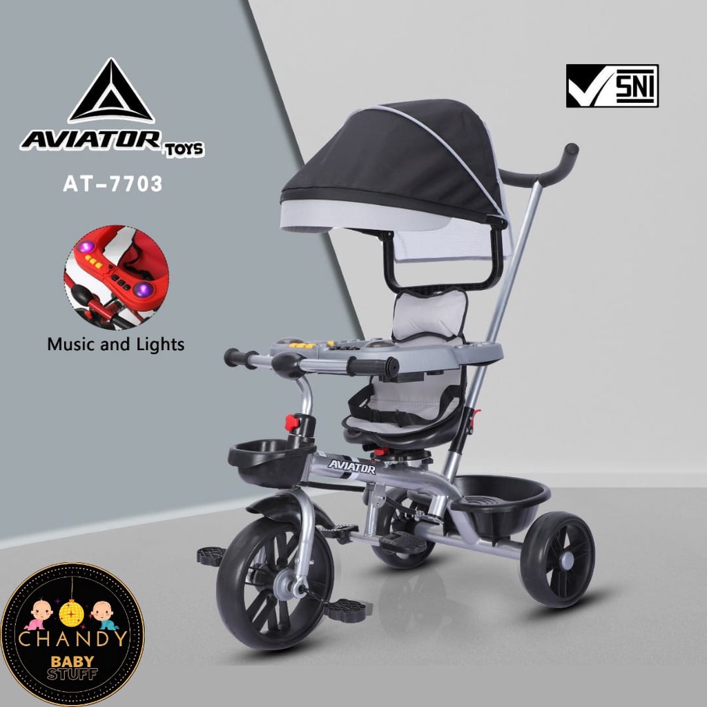 SEPEDA RODA TIGA TRICYCLE AT 7703 AVIATOR (ADA PENGAMAN, KURSI BISA PUTAR, LAMPU DAN MUSIK)