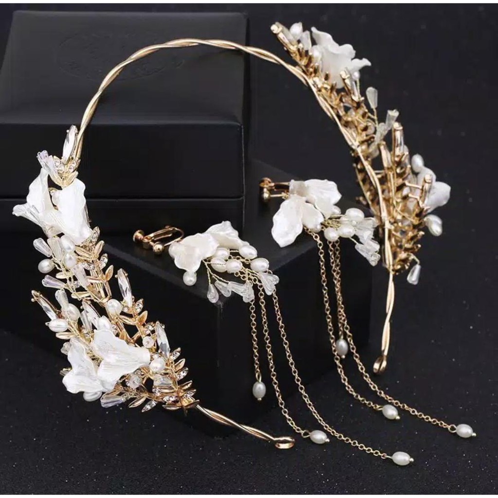 Set Bando &amp; Anting Mutiara - Grass Crown - Mahkota Tiara - Aksesoris Pengantin