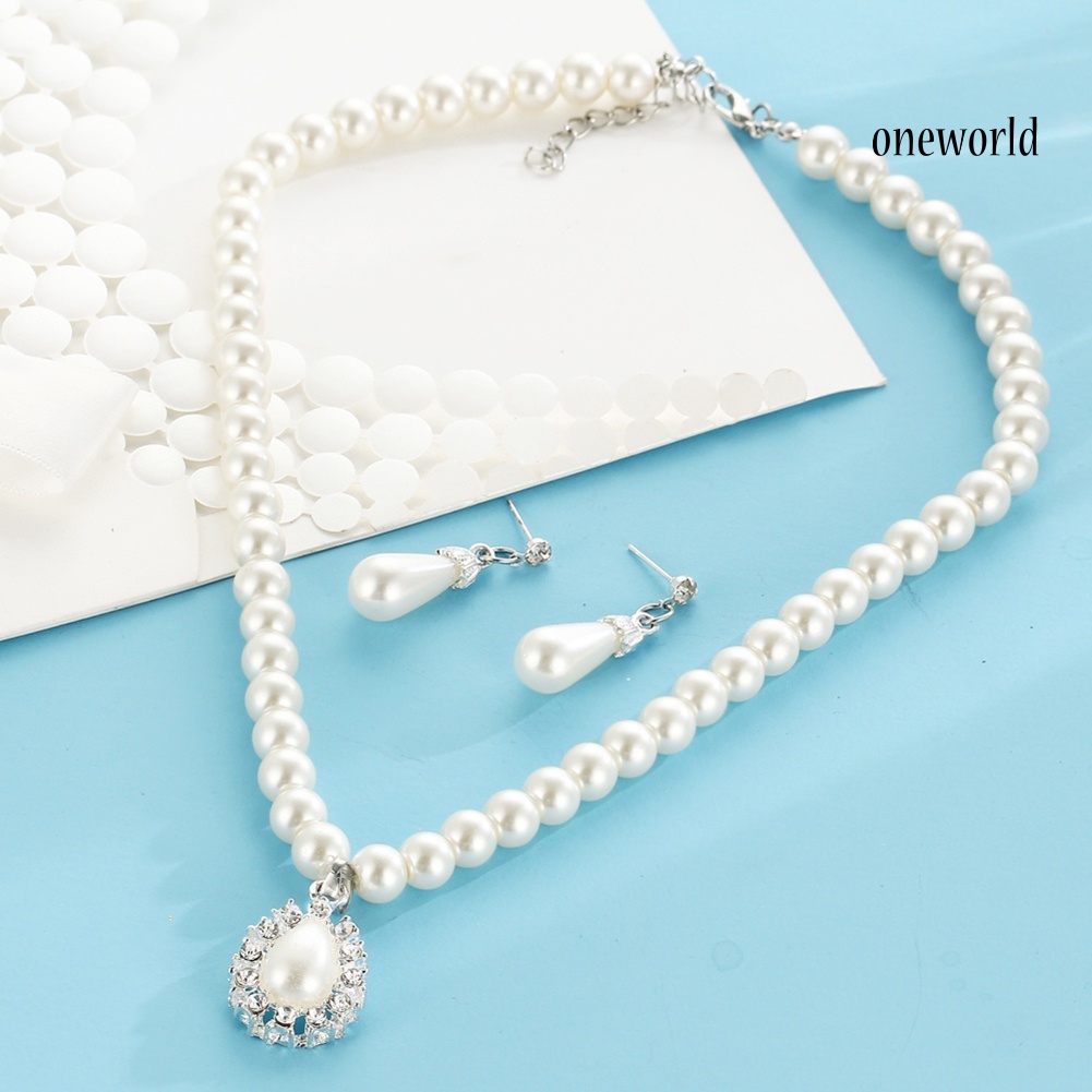 OW@ Water Drop Faux Pearl Beaded Rhinestone Bridal Necklace Earrings Jewelry Set