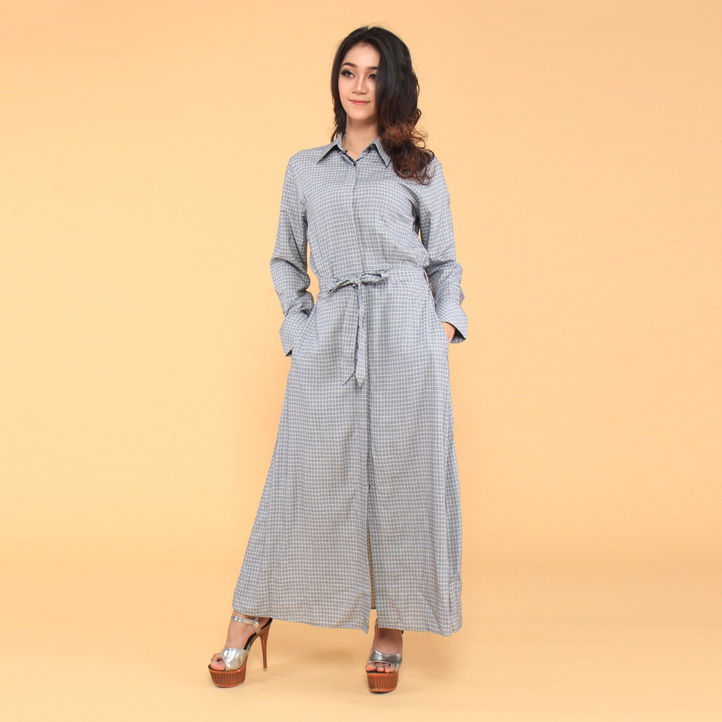 Benhill Gamis Wanita  Flannel Lengan Panjang Kotak Abu 0526-33649