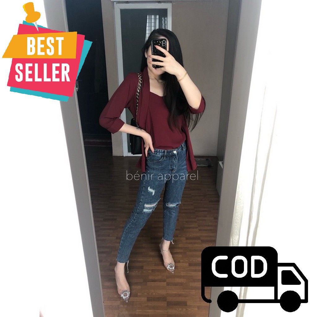 Blouse Wanita Atasan Cewek Kekinian Baju Bluse Terbaru 2021 Blous TD163 Novela (Inner+Outer)