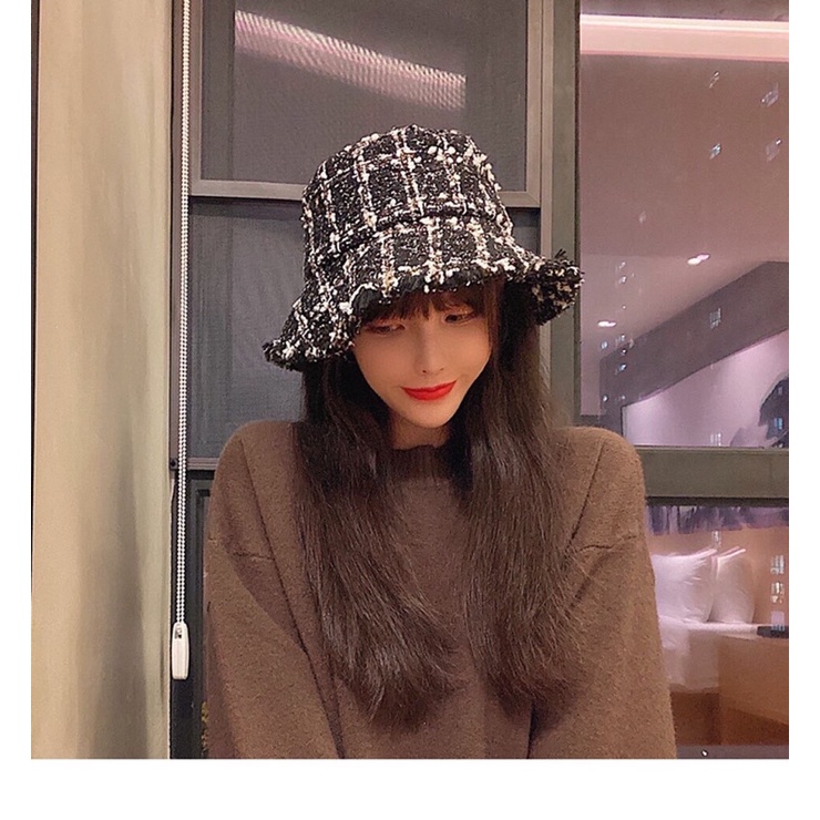 Bucket Hat Wanita Bahan Tweed Topi Bucket