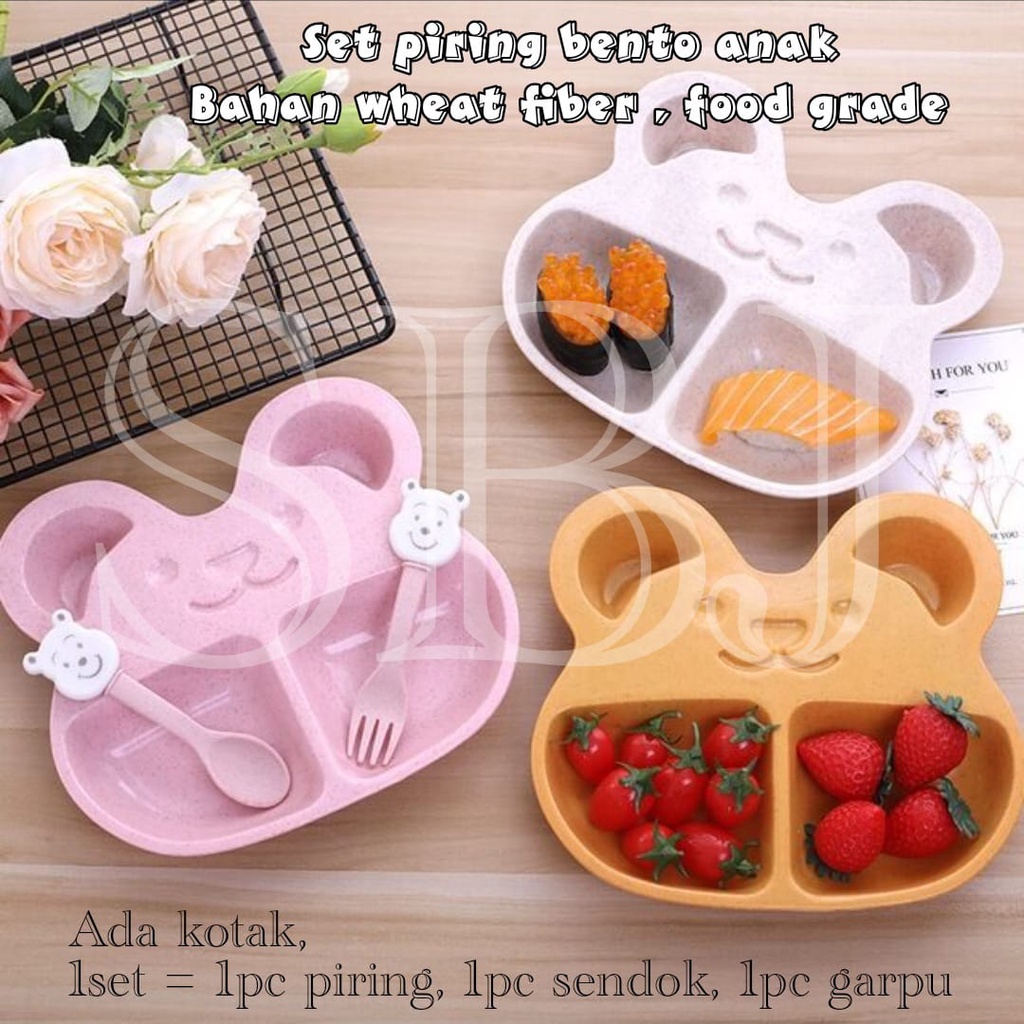 Set piring makan anak sekat bento bahan wheat fiber ada sendok garpu