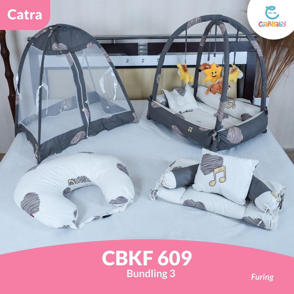 Kasur Bayi Playfun Paket 3 Sprei Furing Motif Love Grey and White CBKF 609 Kain Catra