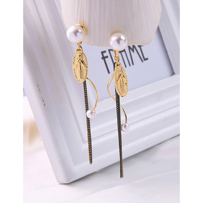 LRC Anting Tusuk Fashion Gold Artificial pearl Embossed Tassel Earrings D33177