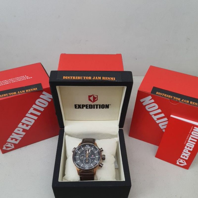 Jam Tangan Pria Expedition E6768M E 6768 M E6768 M E 6768M Rose Gold Ring Grey Brown Leather Cronogr