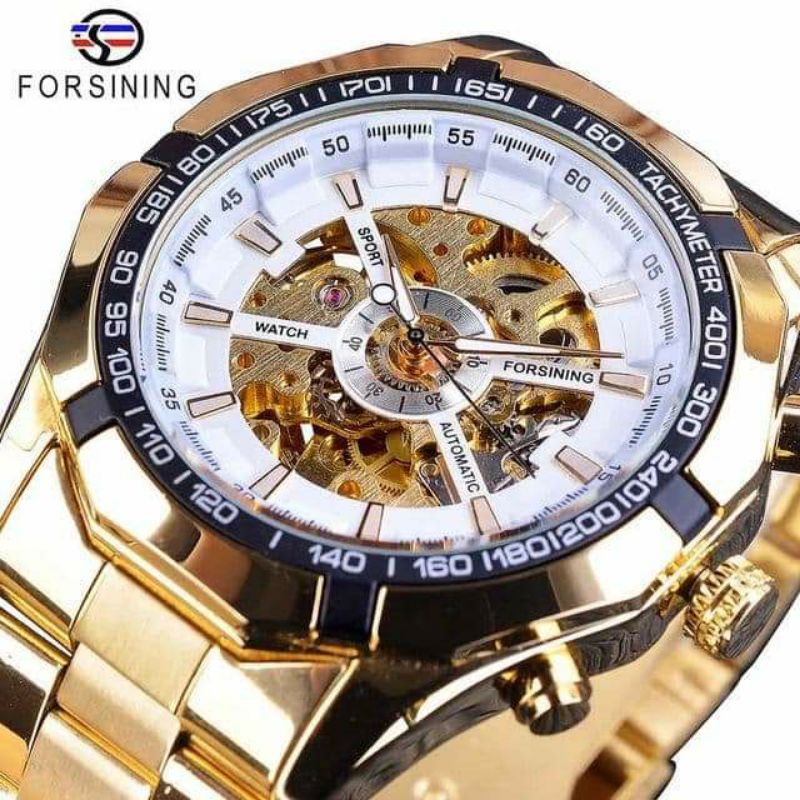 Forsining Merek mewah Strap Rangka Transparan  Emas Mens Watches Automatic Mechanical Orologio Pria