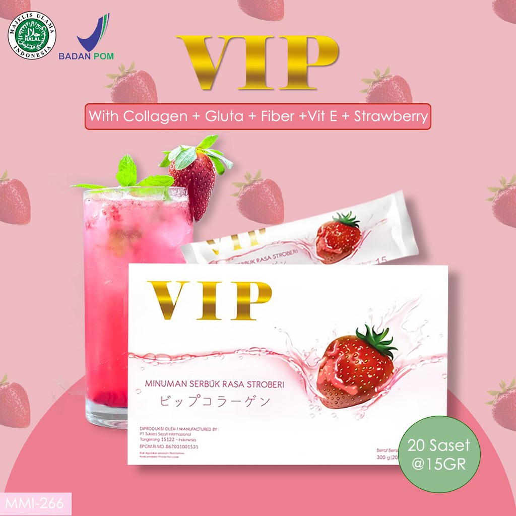 minuman kesehatan VIP COLLAGEN stroberi untuk regenrasi kulit + vit E (20 SACHET)