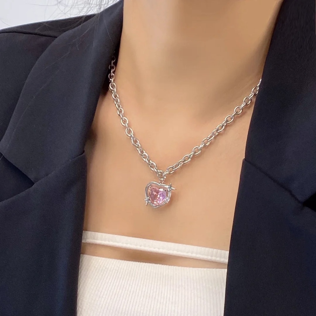 Kalung Rantai Dengan Liontin Hati Hias Batu Zircon Untuk Wanita Barbie