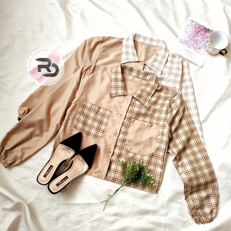 RD FASHION Mika Crop Top / KEMEJA CROP / kemeja TWO TONE / TARTAN KEMEJA CROP / TARTAN CROP-6