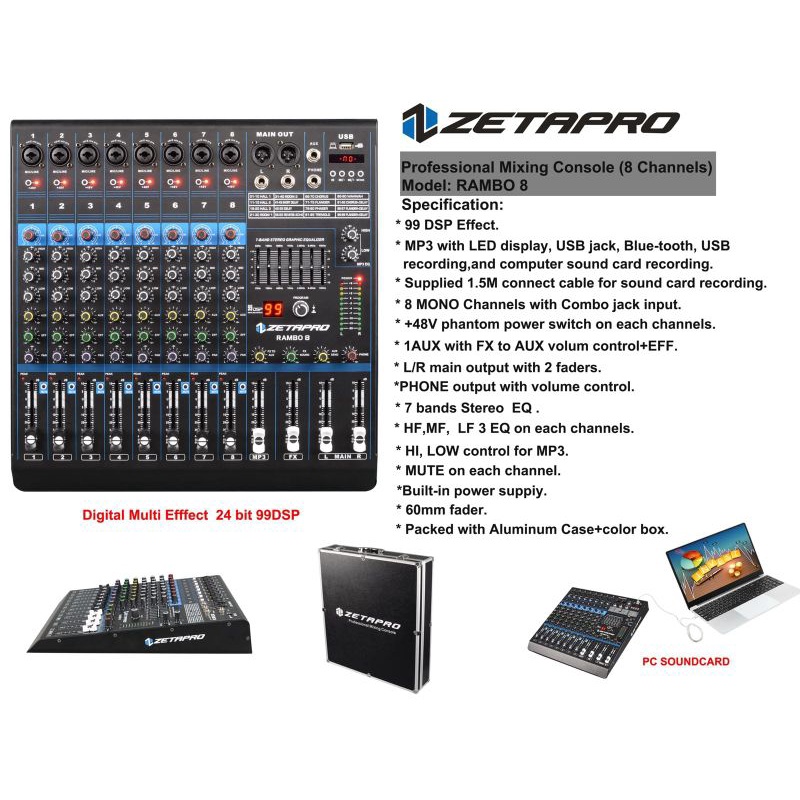Mixer Audio 8Channel ZETAPRO RAMBO 8 USB sound card bluetooth ORIGINAL