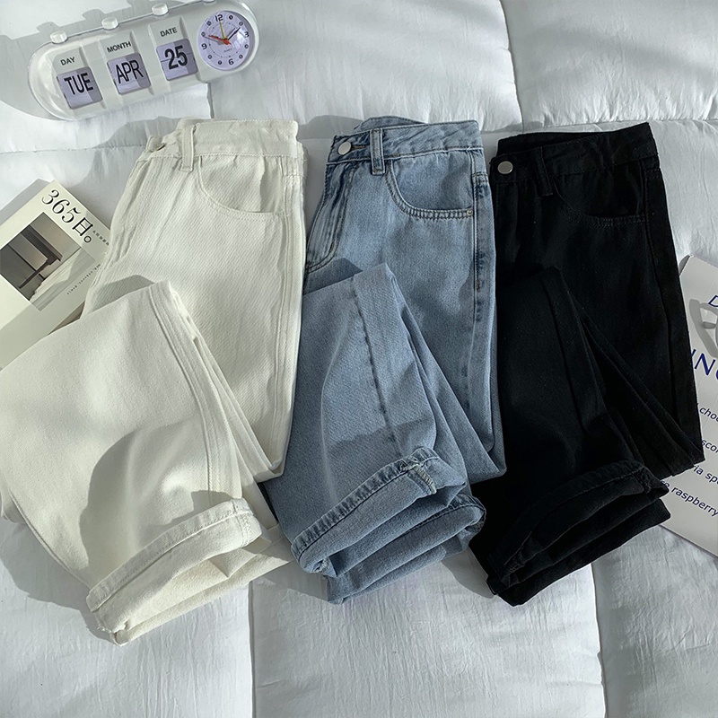 Highwaist Celana Jeans Wanita Straight Loose Krem/Biru/Hitam