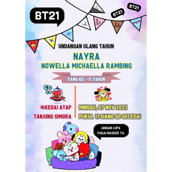Undangan Ulang Tahun Anak tema BTS21 (include plastik)
