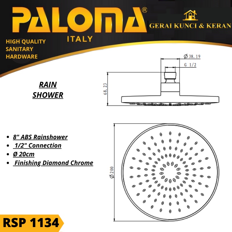 PALOMA RSP 1134 KEPALA SHOWER RAIN SHOWER KAMAR MANDI 8 INCH ABS