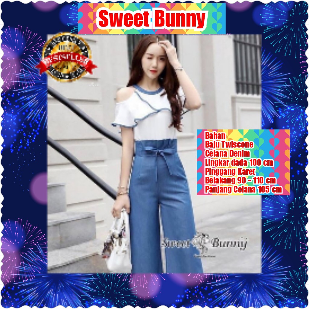 QFS SETELAN SWEET BUNNY / FIT TO L / ATASAN TWISTCONE / CELANA DENIM