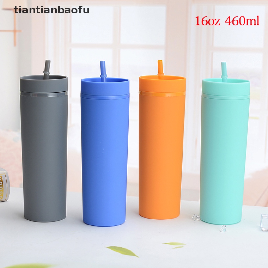 [tiantianbaofu] 1pc Reusable Skinny 16oz Plastic Tumbler Double Wall Tumbler with Straw Boutique