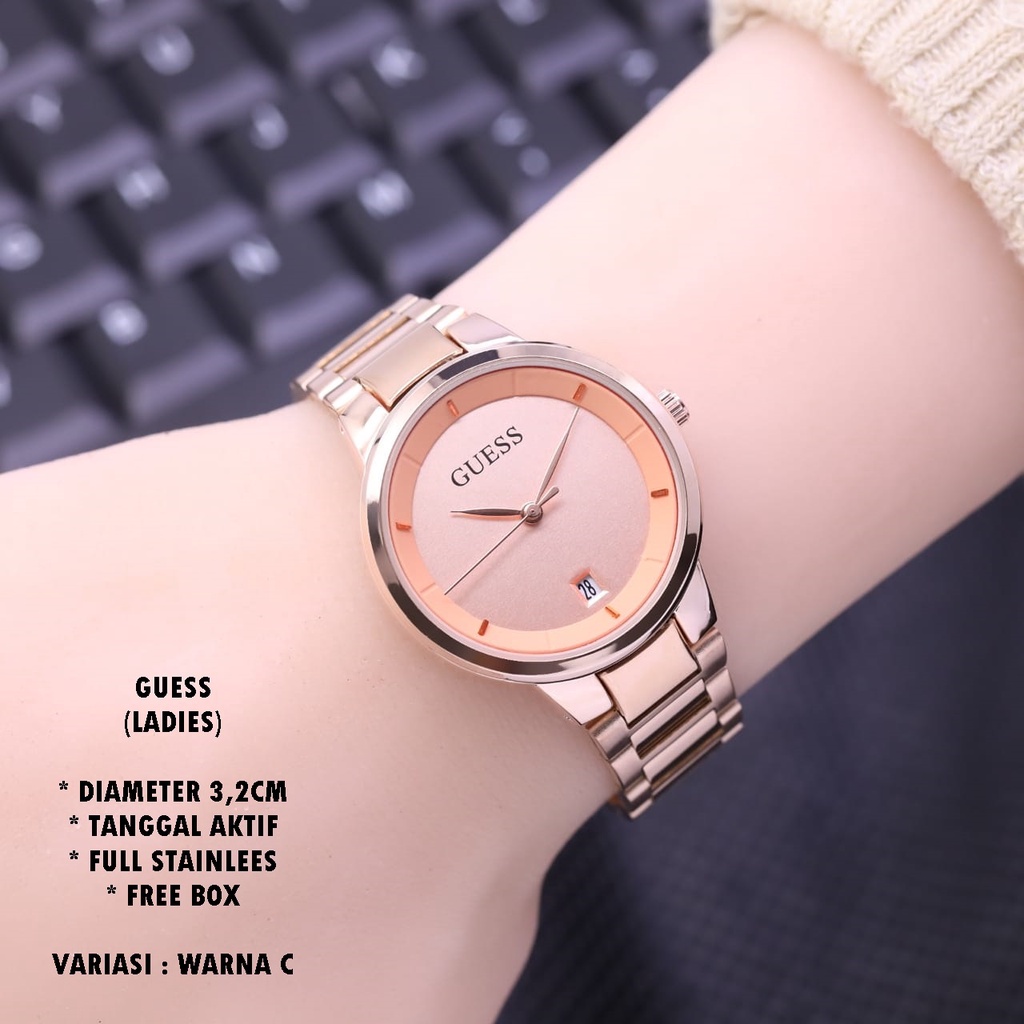 (BISA COD) JAM TANGAN WANITA GUESS RANTAI BODY BULAT TANGGAL AKTIF