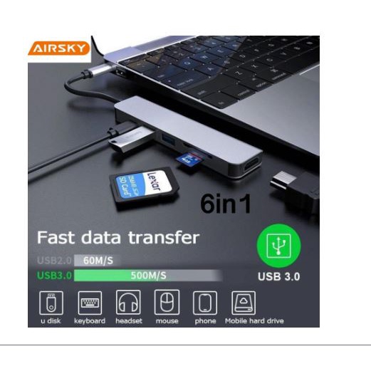 Type-c to hdmi Usb 2.0 3.0 hub card reader sd tf pd airsky 4k 30hz UHD 5Gbps 480Mbps 55w hc-13c - Usb-c 6in1 air sky