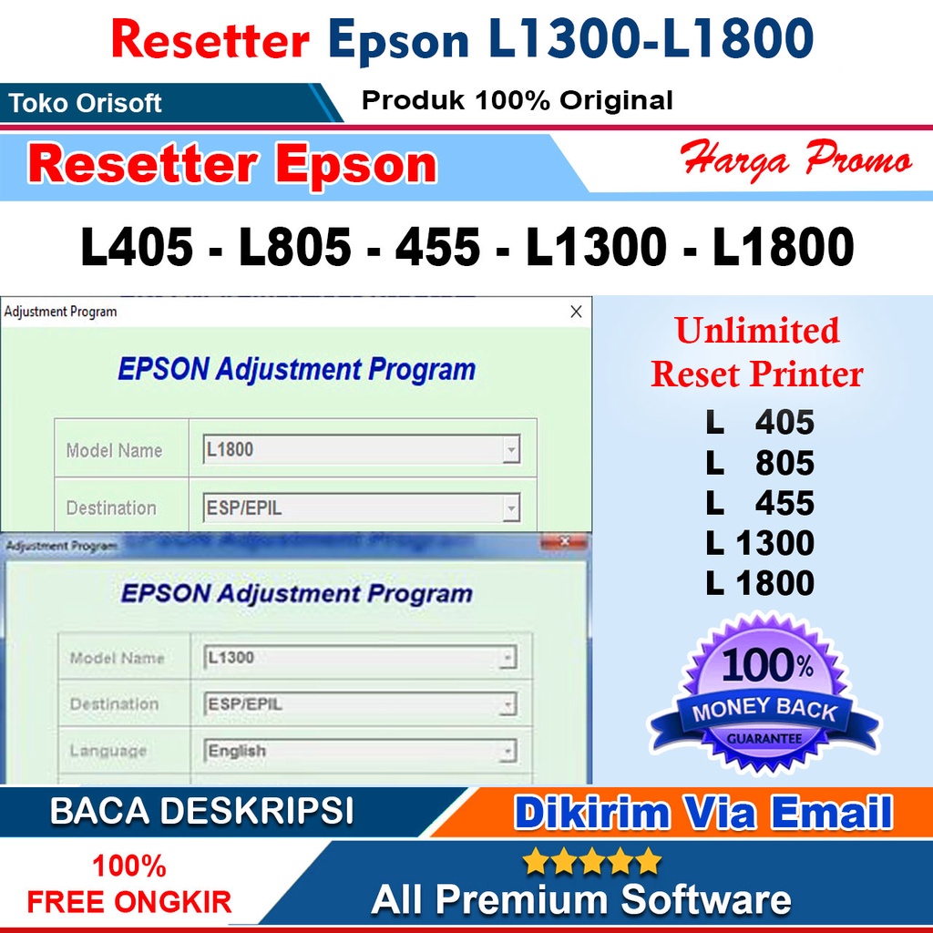 RESETTER Epson L405-L1300-L1800-L805-L455 Unlimited Reset + Video Instalasi Dan Cara Reset Printer