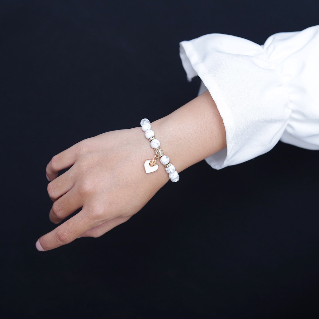 Gelang Liontin Love Hati Batu Akik Howlite ASLI Alam untuk Wanita