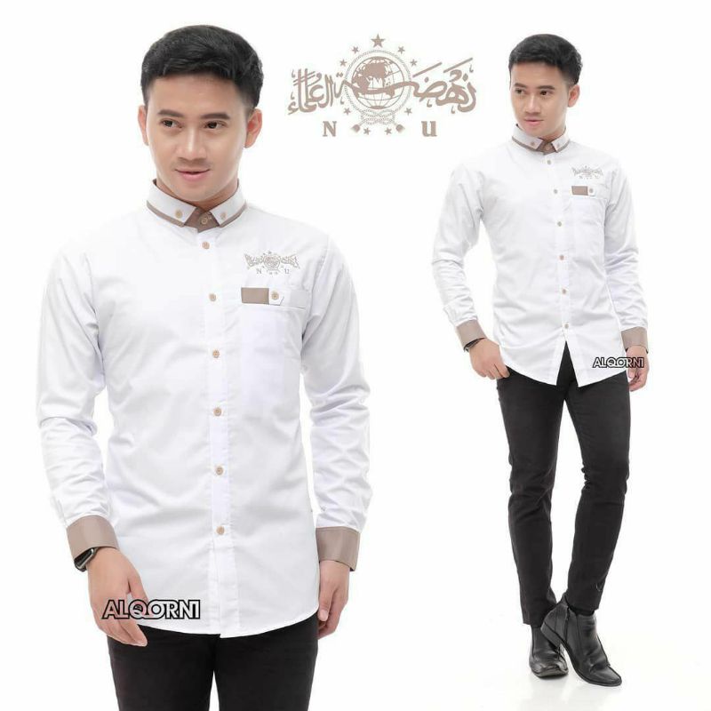AL QORNI ATASAN KEMKO KEMEJA KOKO BUSANA MUSLIM PRIA COWOK POLOS PUTIH KOMBINASI CREAM KREM BORDIR L