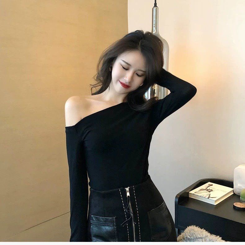 import sexy open collarbone slanted shoulder top off-shoulder one word neck bottoming shirt wanita l