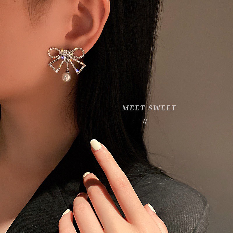 Anting Tusuk Silver 925 Desain Pita Hias Full Berlian Gaya Korea Untuk Wanita